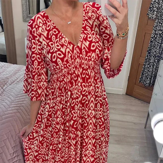 Printed dress with V-neck and wide sleeves👗🔥